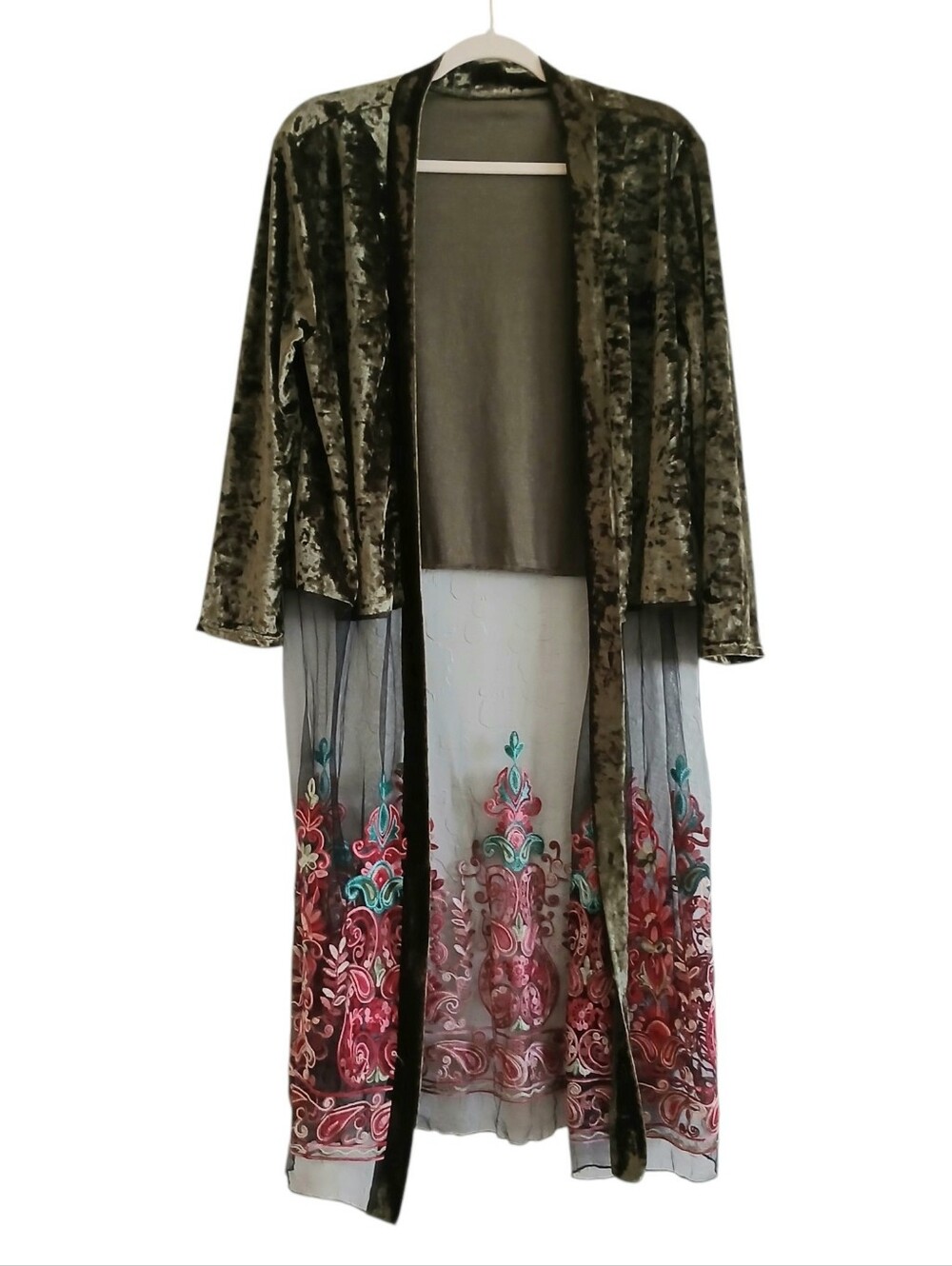 Velvet Mesh Embroidered Mixed Media Long Duster Cardigan XL Forest Fairy Goblin